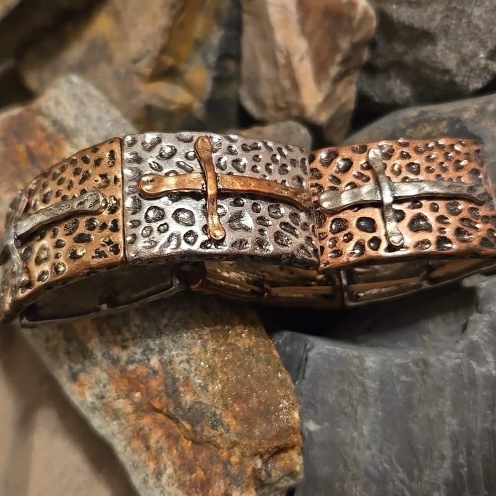 Intricate Bronze & Silver Cross Bracelet
